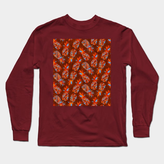 Orange Mosaic Pineapples Long Sleeve T-Shirt by Carolina Díaz